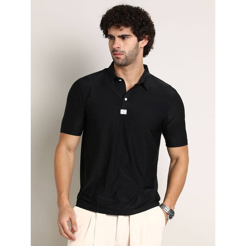 Campus Sutra Men Obsidian Black Seamless Solid Polo T-Shirt (S)