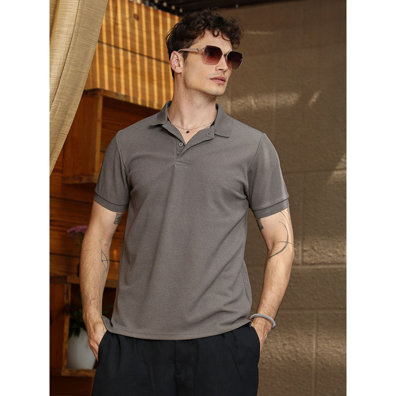 Campus Sutra Men Ash Brown Chain Link-Ribbed Polo T-Shirt (XL)