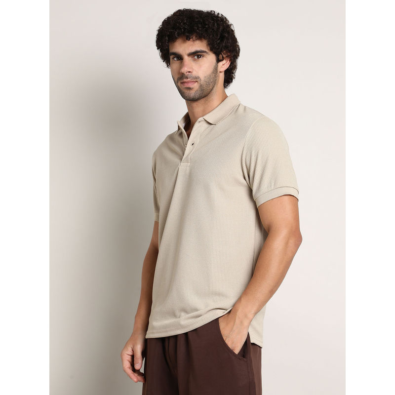 Campus Sutra Men Saltbox Beige Chain Link-Ribbed Polo T-Shirt (L)
