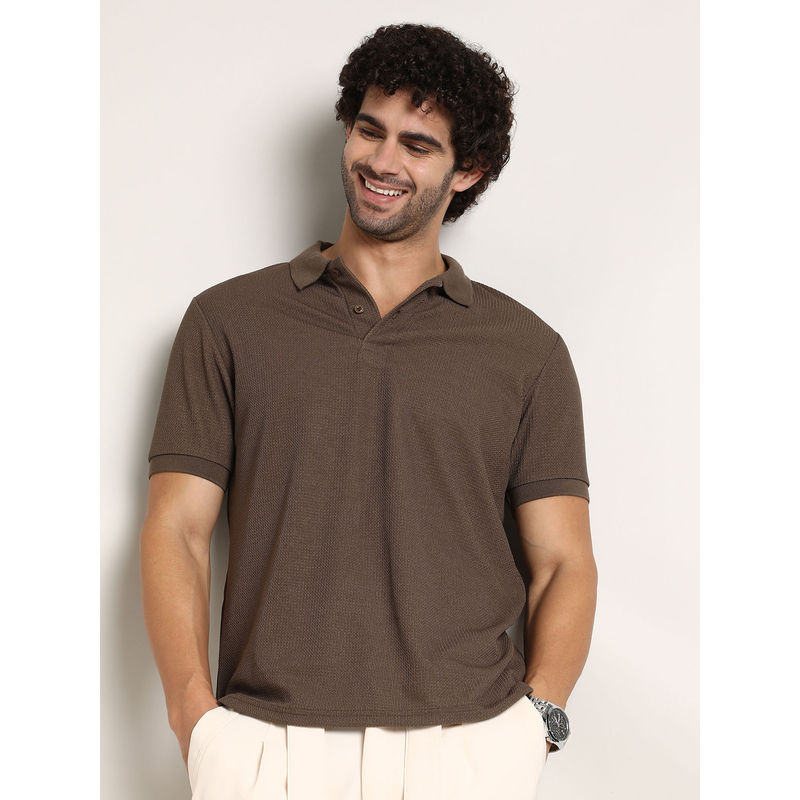 Campus Sutra Men Mocha Brown Chain Link-Ribbed Polo T-Shirt (XL)