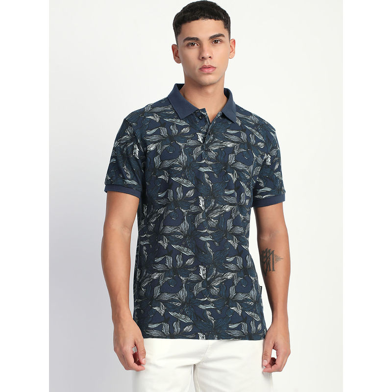 THE BEAR HOUSE Mens Navy Blue Floral Printed Blue Half Sleeve Polo T-Shirt (S)