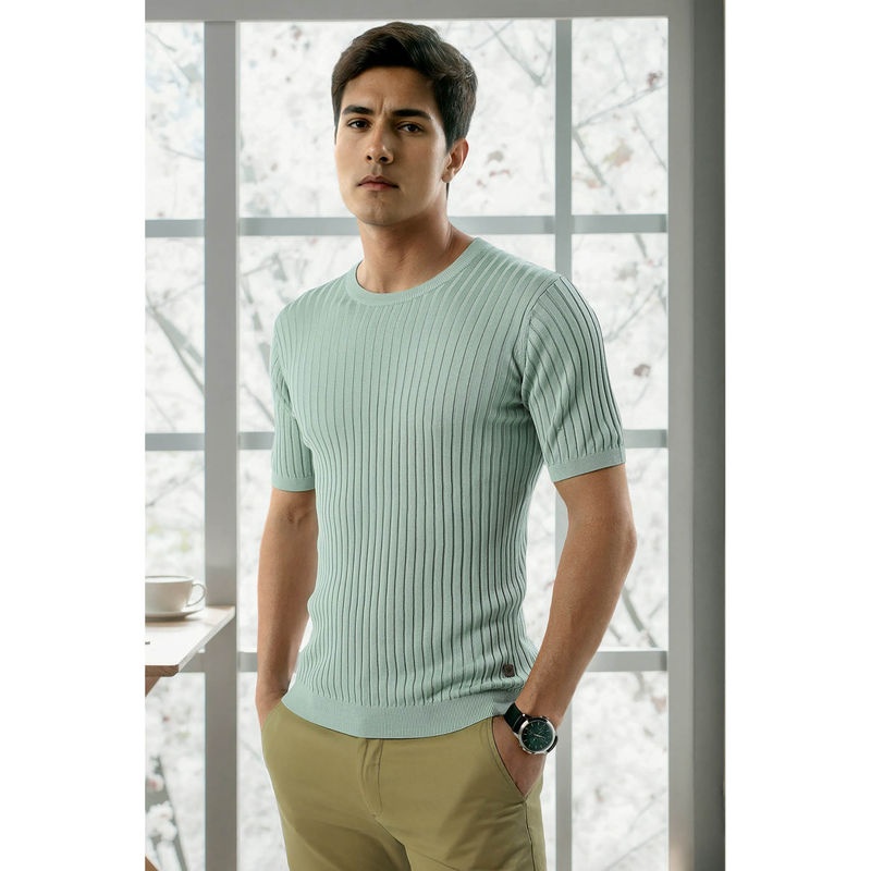 Louis Philippe Men Green Half Sleeves Crew Neck T-Shirt (M)
