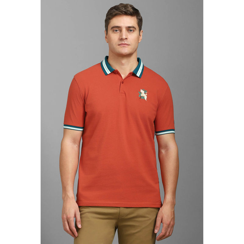Louis Philippe Men Orange Embroidered Polo Neck T-Shirt (M)