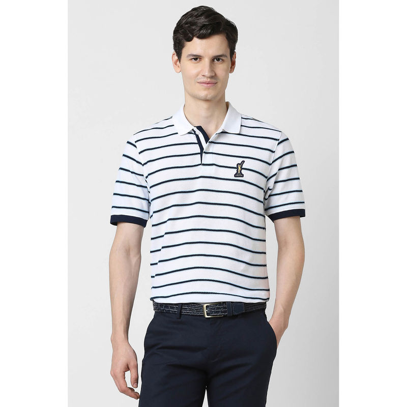 Peter England Men White Stripes Polo Neck T-Shirt (M)