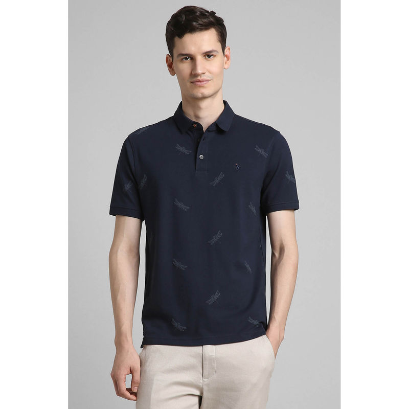 Simon Carter Men Navy Blue Embroidered Polo Neck T-Shirt (S)
