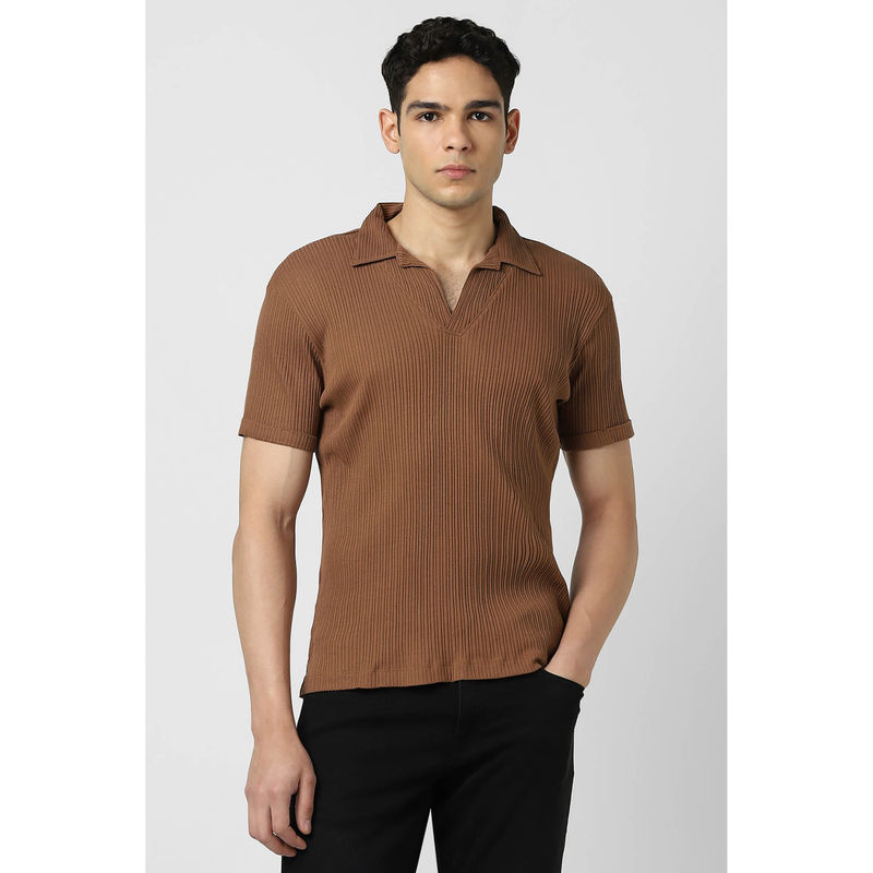 Van Heusen Men Brown Half Sleeves Polo Neck T-Shirt (S)