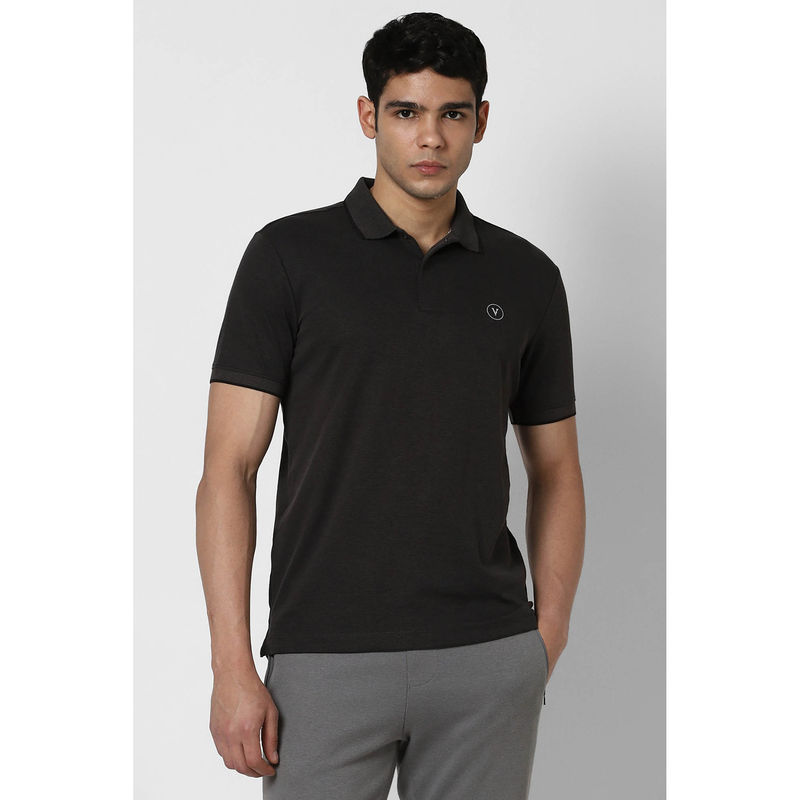 Van Heusen Men Black Solid Polo Neck T-Shirt (L)