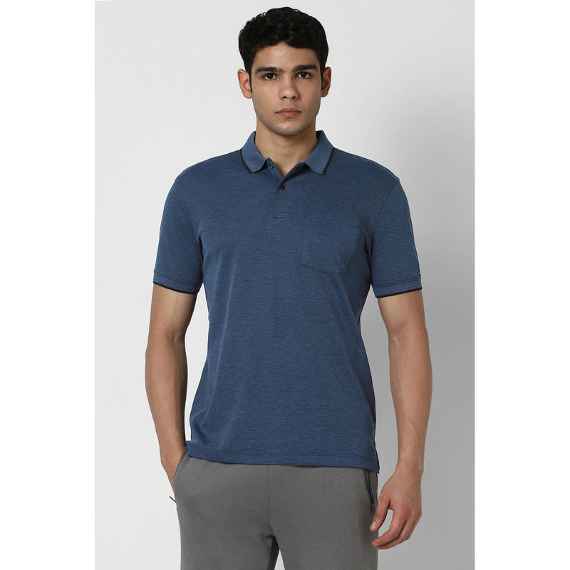 Van Heusen Men Navy Blue Solid Polo Neck T-Shirt (S)