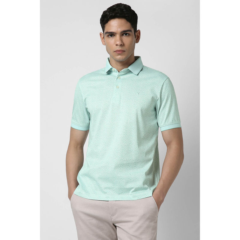 Van Heusen Men Green Print Polo Neck T-Shirt (S)