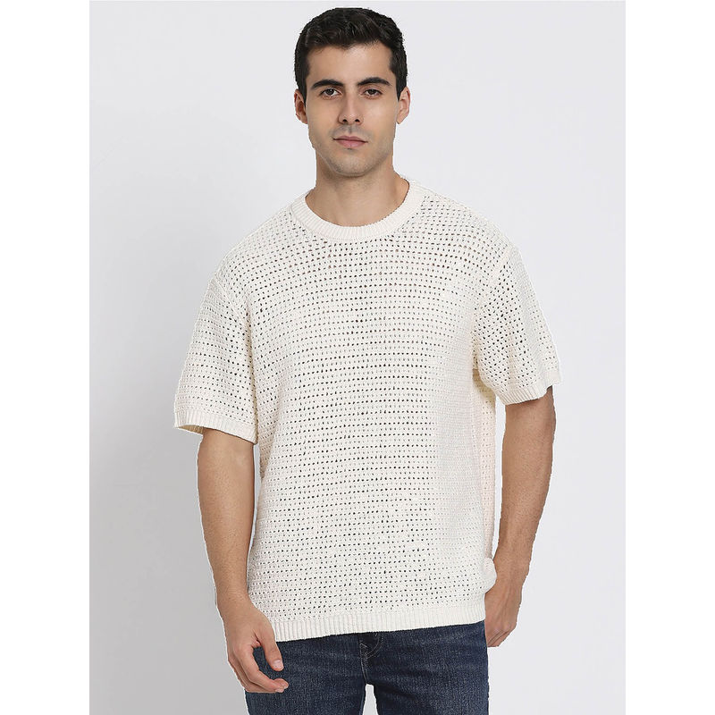 American Eagle Men Cream Open Knit Sweater Style T-Shirt (XS)