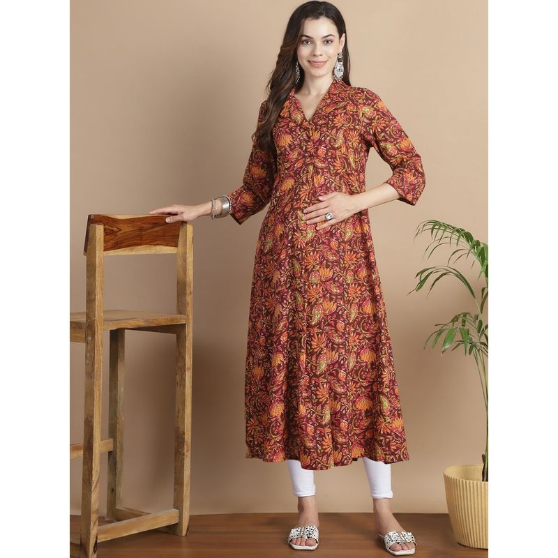 Secret Wish Brown Floral Cotton Maternity Kurta (S)