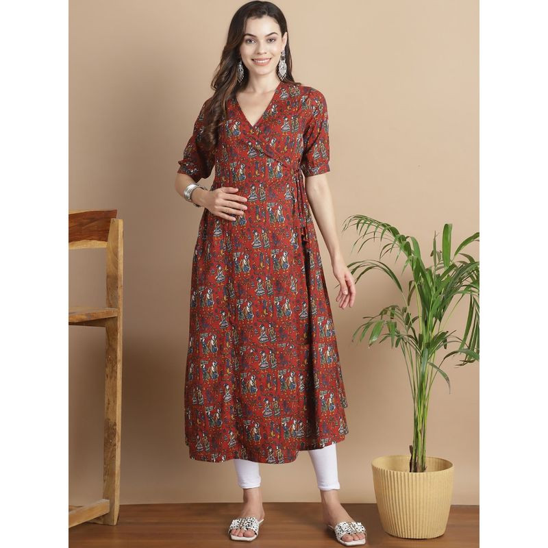 Secret Wish Maroon EthnicPrint Cotton Maternity Kurta (M)