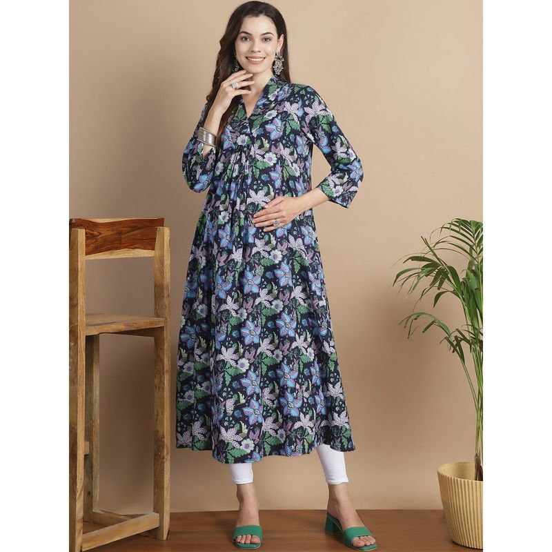 Secret Wish Navy Blue Floral Cotton Maternity Kurta (L)