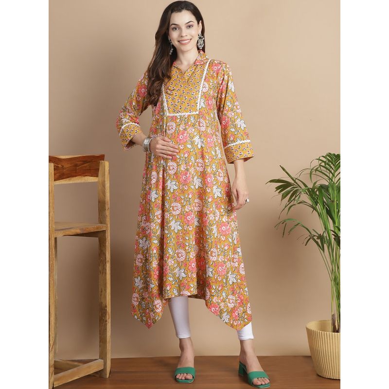 Secret Wish Mustard Floral Cotton Maternity Kurta (XL)