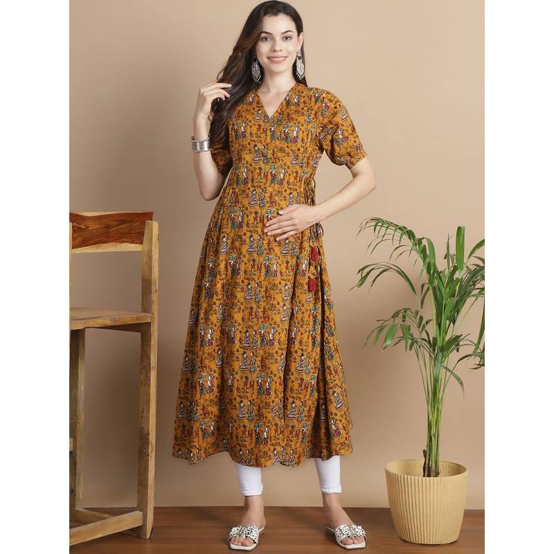Secret Wish Yellow Ethnic Print Cotton Maternity Kurta (XL)