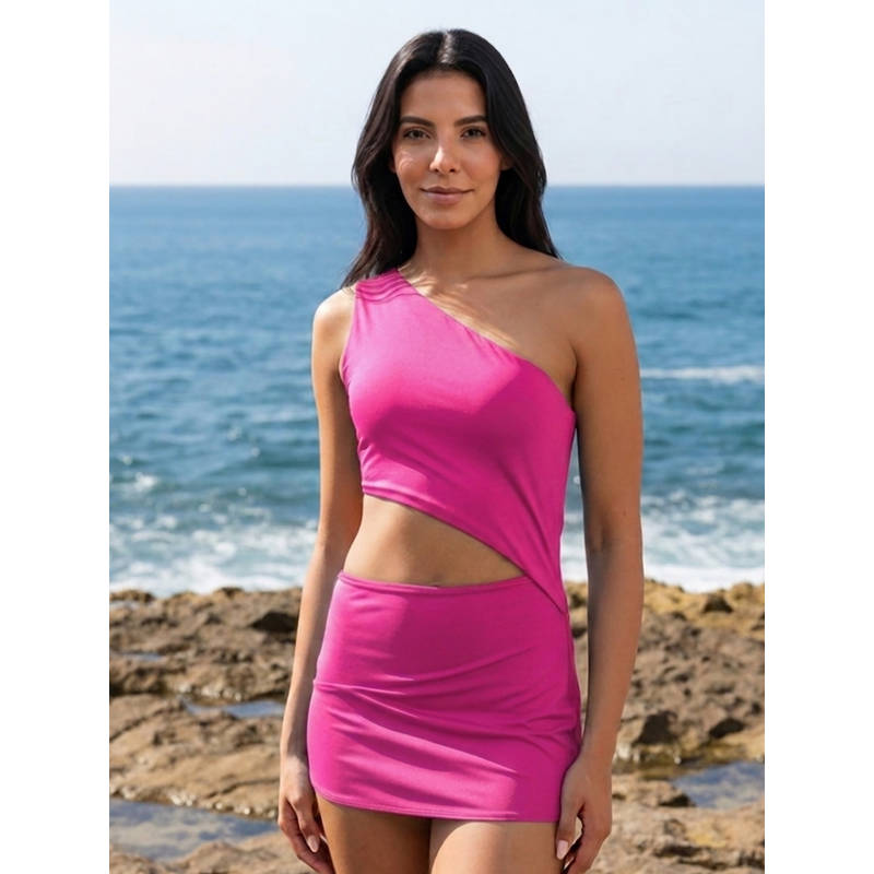 AOBA Fuchsia Allure One-Shoulder Crop Top and Skirt (M)