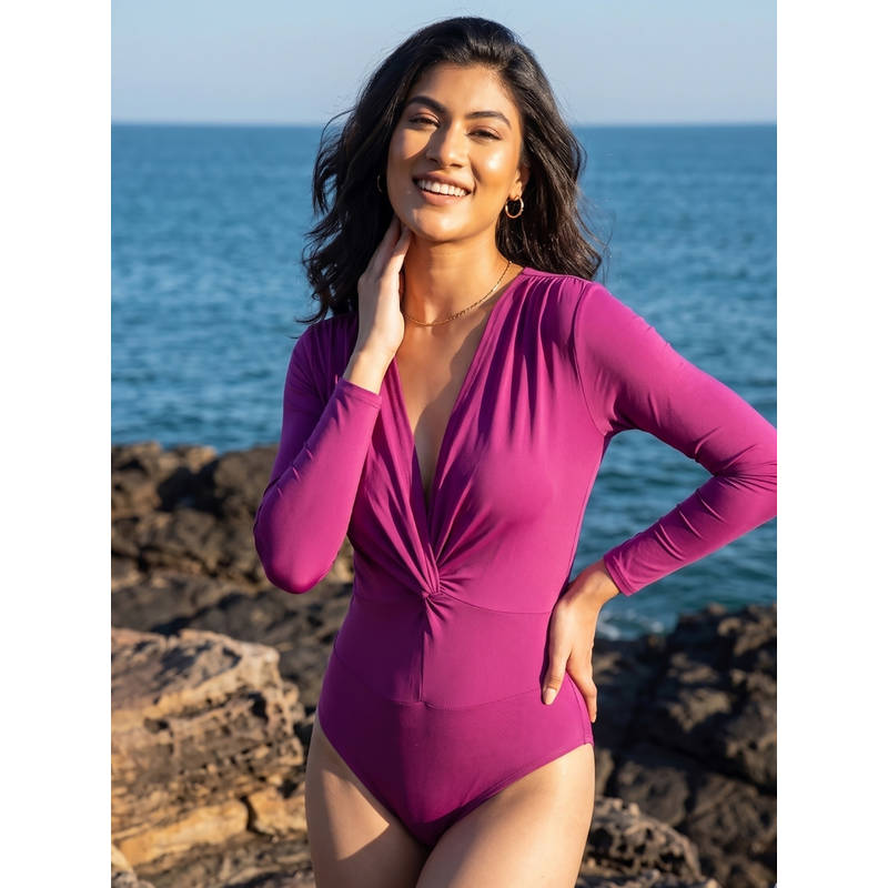 AOBA Women Magenta Solid V-Neck Full Coverage Long Sleeves Bodysuit Swimwear (S)