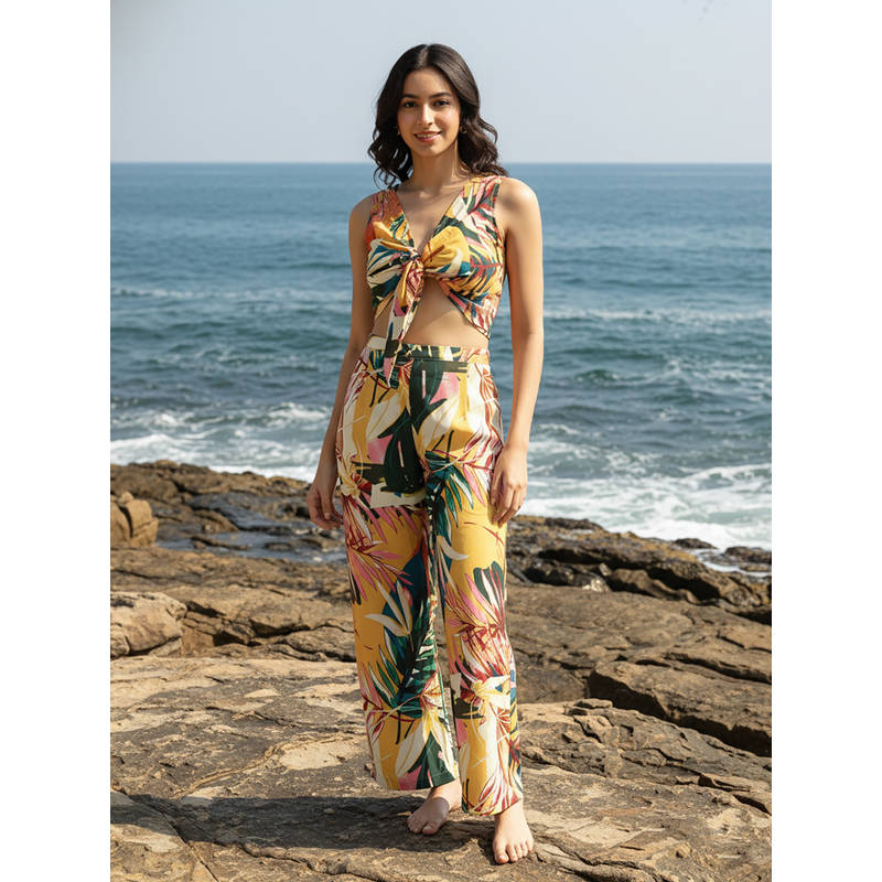 AOBA Women Yellow Tropical Beachwear Top and Pant (Set of 2) (S)