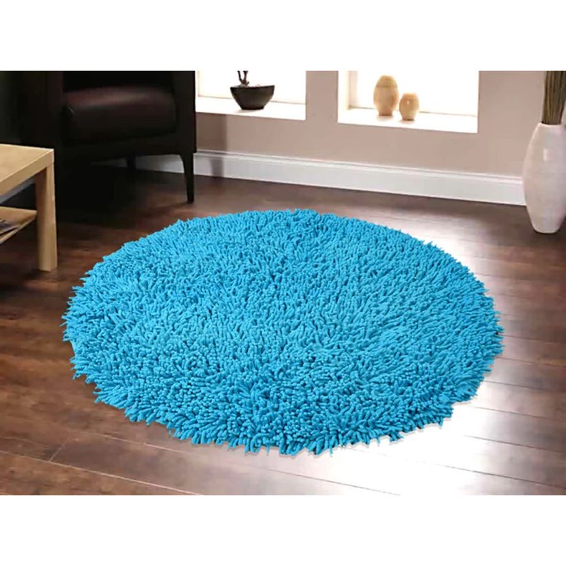 Saral Home Turquoise Cotton Shaggy Anti-Skid Round Bath Mat (S)