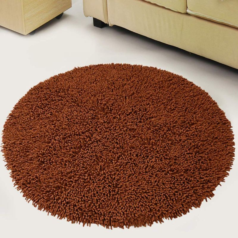 Saral Home Brown Cotton Shaggy Anti-Skid Round Bath Mat (S)