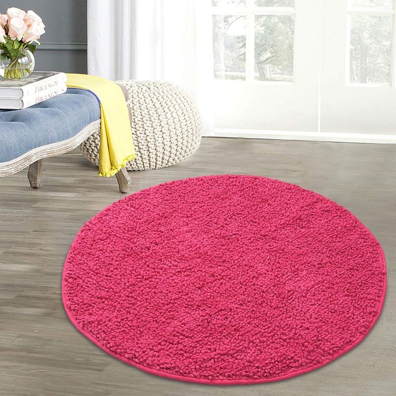 Saral Home Pink Cotton Shaggy Anti-Skid Round Bath Mat (S)