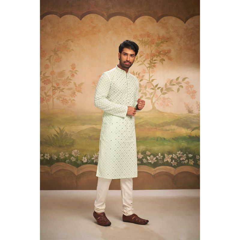 ETHNIC INDIA Men Geometric Embroidery Mandarin Collar Straight Kurta (40)