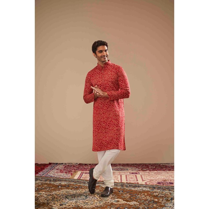 ETHNIC INDIA Men Bandhani Print Mandarin Collar Straight Kurta (42)