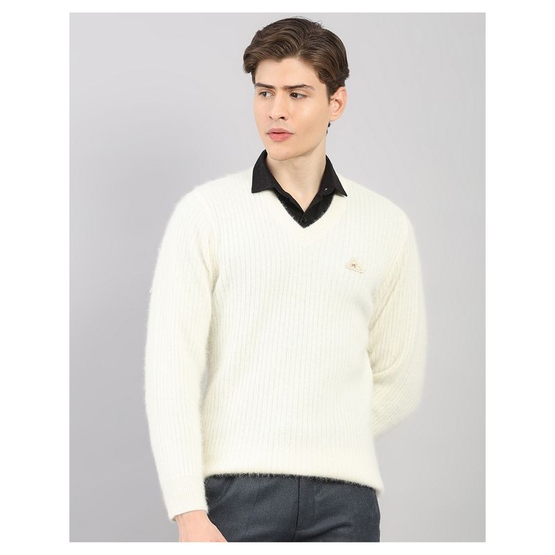 Monte Carlo Cream Men's Regular Fit Self Design V Neck Full Sleeve Pullover Sweater (XL)