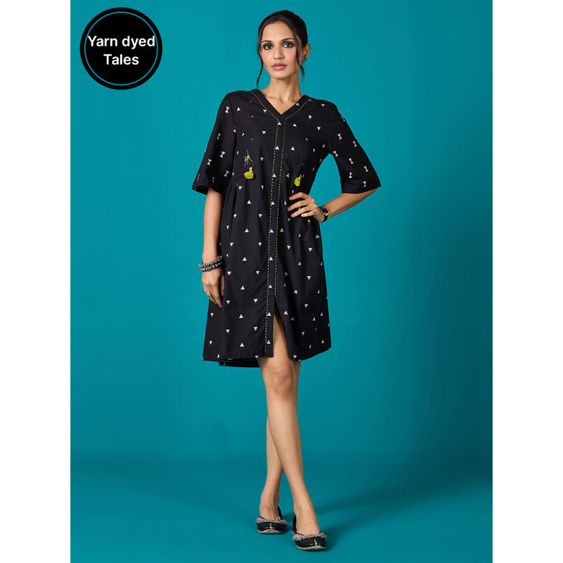 Likha Black Kora Cotton Yarn Dye Mini Dress LIKDRS65 (S)