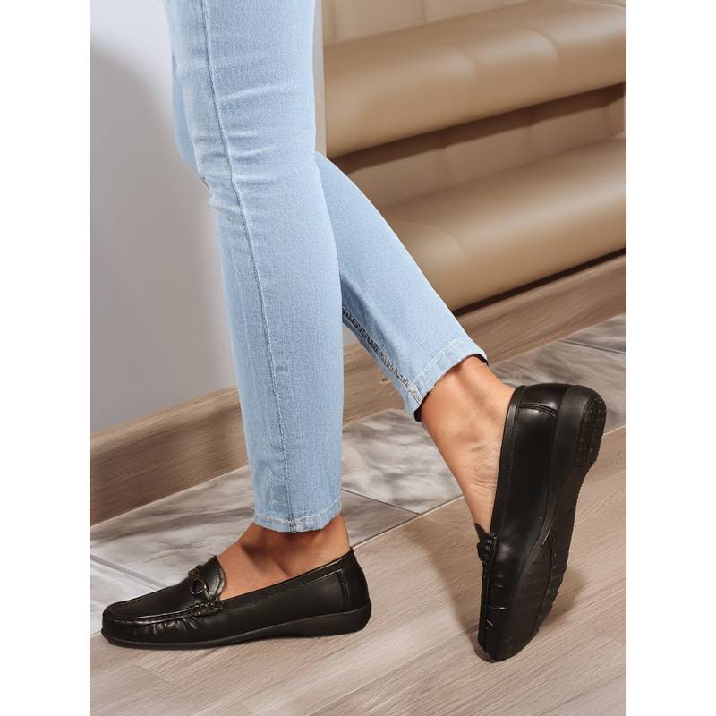 Carlton London Women Black Slip-On Loafers with Bows Gold Detail (EURO 37)