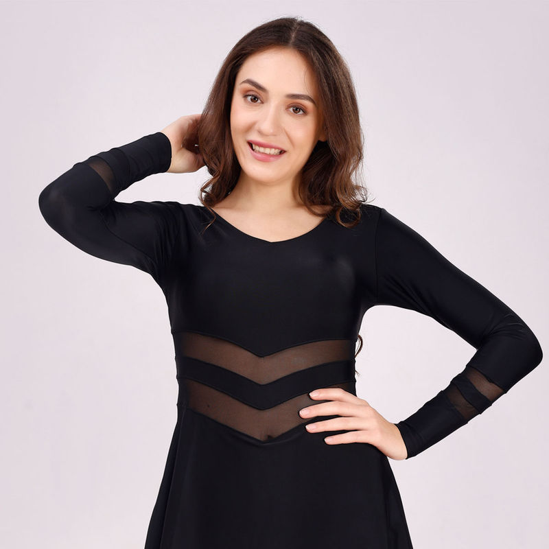 SOIE Womens Full Sleeves V-Neck Mid Thigh Length Swim Dress with Attached Shorts (M)