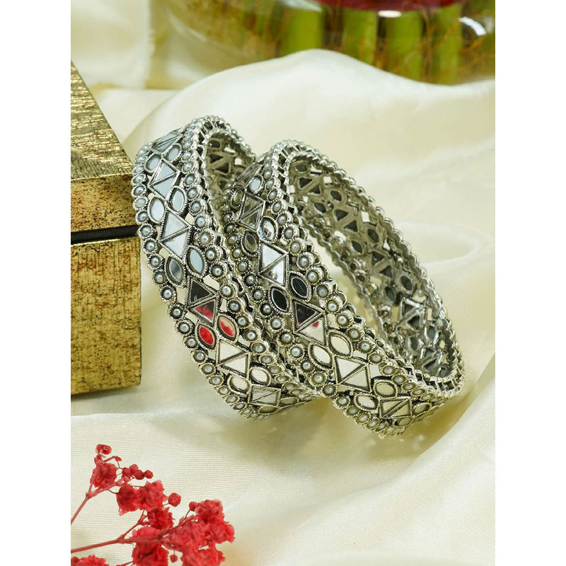 GRIIHAM Silver Plated Oxidised White Beads Set of 2 Bangles (2.8)