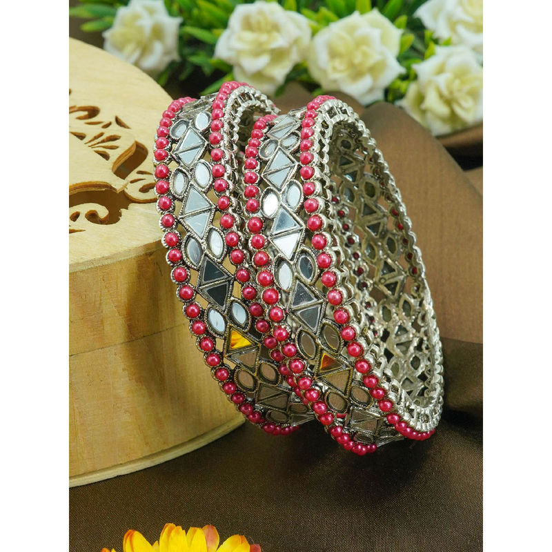 GRIIHAM Silver Plated Oxidised Pink Beads Set of 2 Bangles (2.4)
