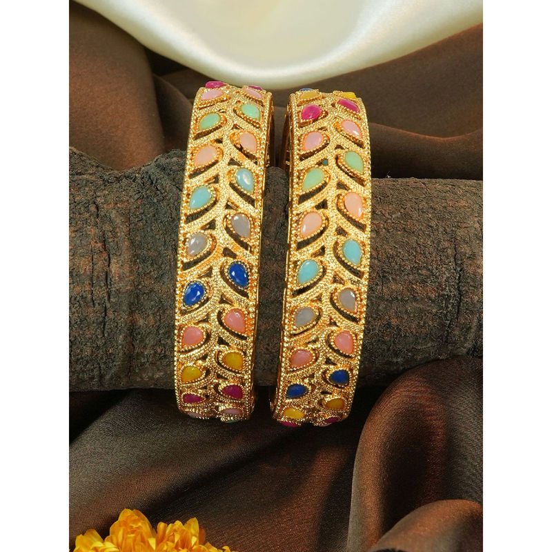 GRIIHAM Gold Plated Set of 2 Studded Broad Bangles (2.6)
