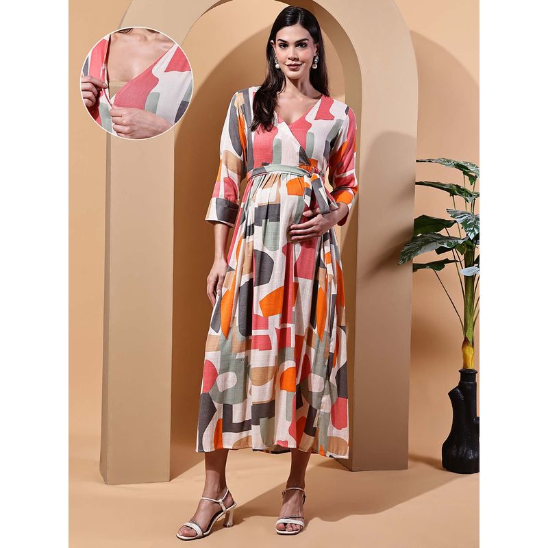Moms Maternity Geomatric Cotton Slub Maternity Maxi Wrap Dress (M)