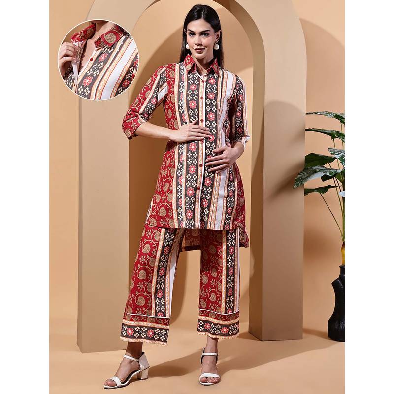 Moms Maternity Floral Maternity Cotton Kurta With Pant (M)