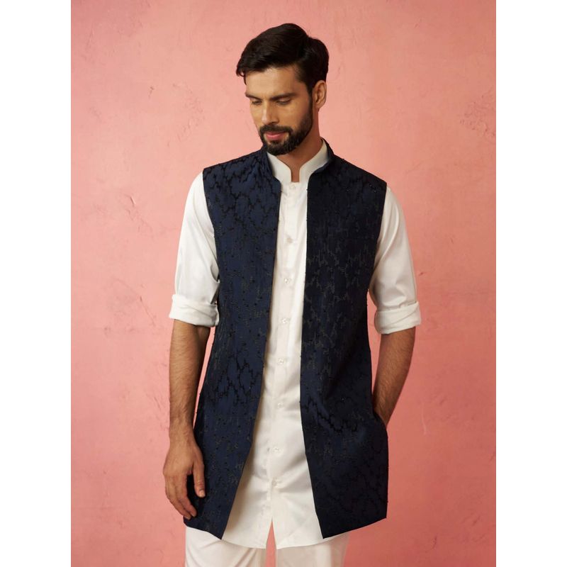 Vastramay Navy Blue Mandarin Neck Nehru Jacket (S)
