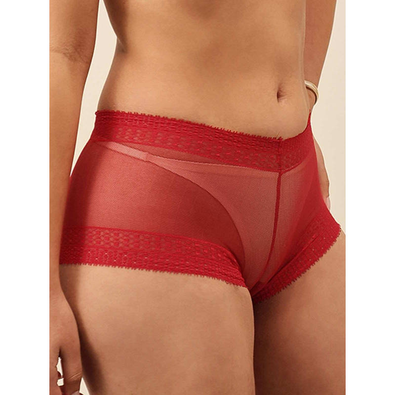 Chelvet Women Mid-Rise Red Lace Boyshorts (S)