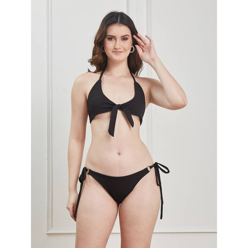 G Heist Women Stretchable Ribbed Halter Black Swim Bikini Bra & Panty (2XL)