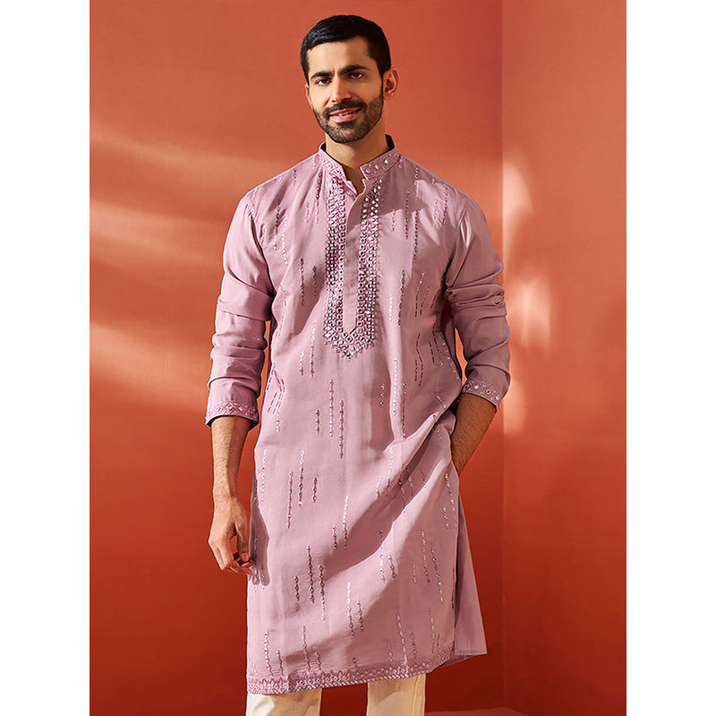 Vastramay Mens Chanderi Silk Kurta with Mirror, Sequined, and Embroidered Detailing (M)