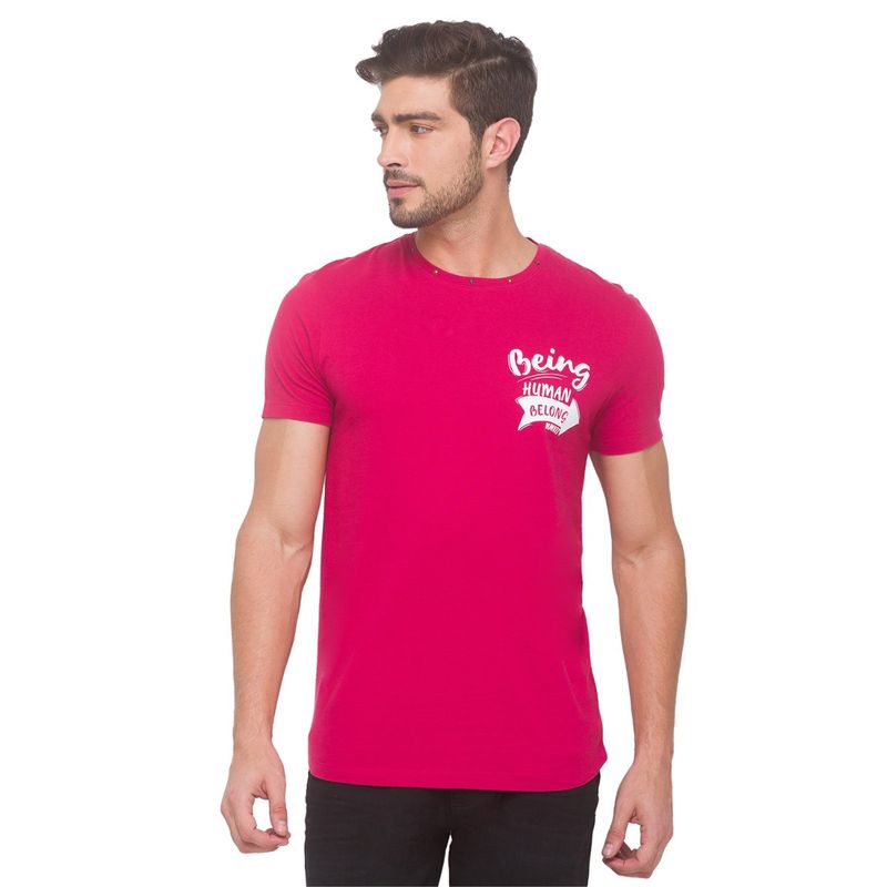 Being Human Men Printed Magenta T-Shirt (S)