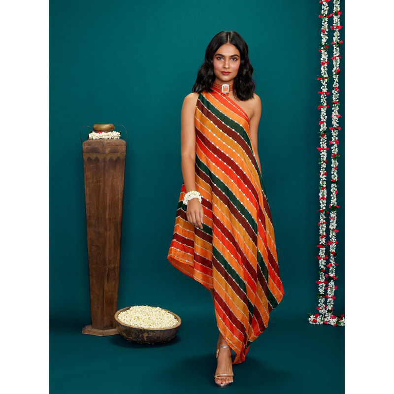Gajra Gang by Nykaa Fashion Bandhej Multi Colour One Shoulder Dress: Buy Gajra Gang by Nykaa 