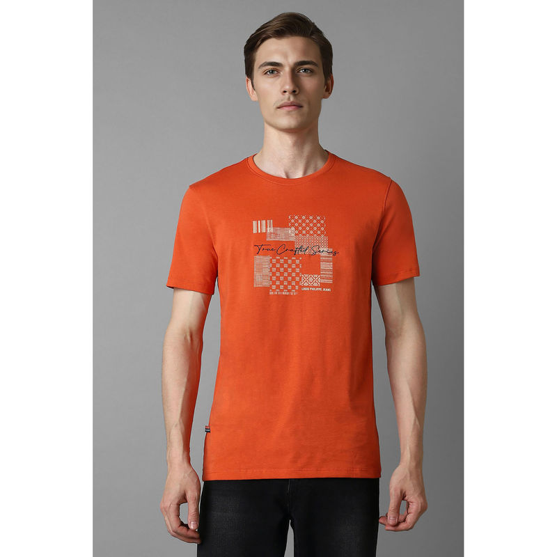Louis Philippe Men Orange Graphic Print Crew Neck T-Shirt (S)