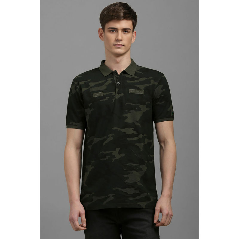 Louis Philippe Men Olive Camouflage Polo Neck T-Shirt (M)