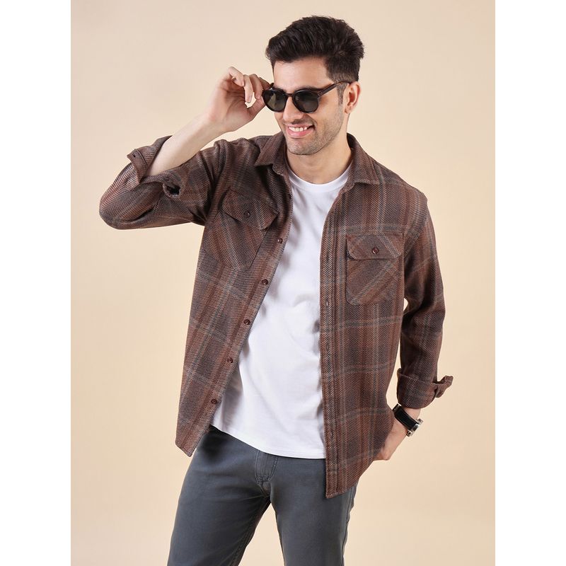 Urban Scottish Brown Plaid Flannel Cotton Casual Shirt (S)