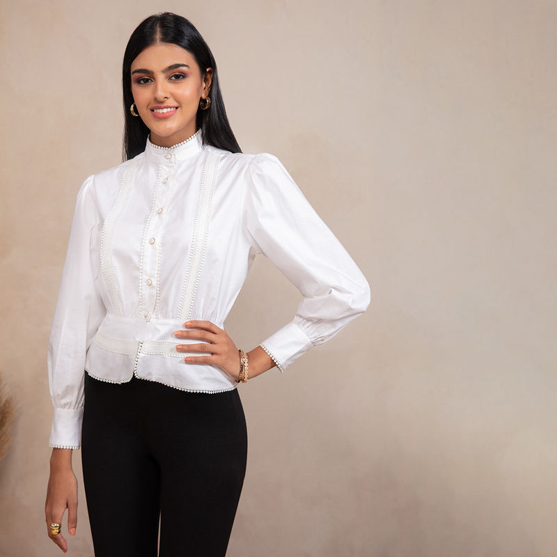 RSVP by Nykaa Fashion White Solid Mandarin Collar Full Sleeves Shirt (XS)