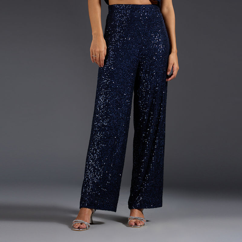 Twenty Dresses by Nykaa Fashion Blue Sequin Straight Fit Pants (32)