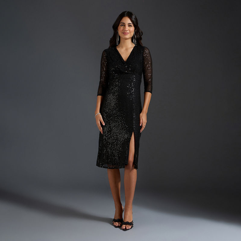 Twenty Dresses by Nykaa Fashion Black Sequinned V Neck Midi Wrap Dress (S)