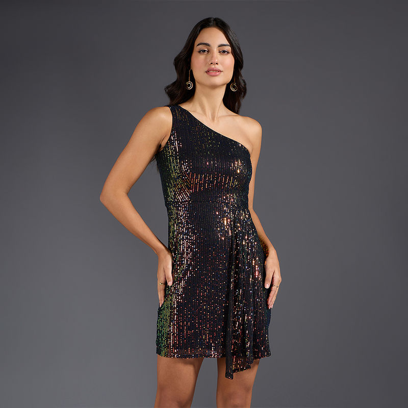Twenty Dresses by Nykaa Fashion Black Sequinned One Shoulder A Line Short Dress (M)