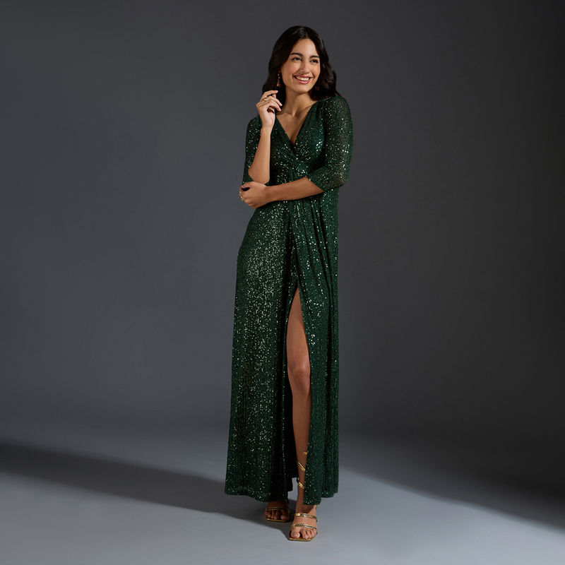 Twenty Dresses by Nykaa Fashion Green Sequinned V Neck Sheath Maxi Dress (XS)